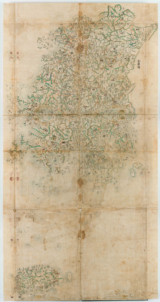 동국팔로분지도(東國八路分地圖), 조선 후기, 종이에 묵서와 채색(성신여자대학교박물관 소장)